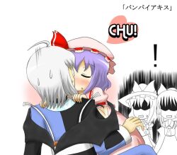  1boy 3girls ahoge ascot bat_wings blush bow choker closed_eyes commentary_request detached_sleeves glasses hair_tubes hairbow hakurei_reimu hat hat_bow heart japanese_clothes kirisame_marisa kissing long_hair long_skirt long_sleeves morichika_rinnosuke multiple_girls purple_hair remilia_scarlet short_hair skirt straight sweatdrop touhou translated umihara white_hair wing_hug wings witch_hat 