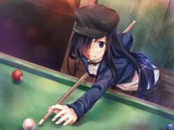  ball billiard_ball billiards black_hair bow bowtie cue_ball dark_hair female game_cg hat highres ikezawa_hanako katawa_shoujo long_hair pool pool_stick scar 