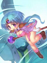  blue_hair blush breasts circlet cleavage commentary_request female fingerless_gloves gloves haou_taikei_ryuu_knight long_hair magidora mecha medium_breasts paffy_pafuricia purple_eyes robot sankuma staff very_long_hair 