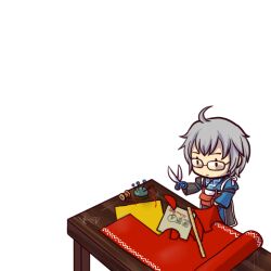  1boy ahoge chibi commentary_request fabric glasses grey_hair male_focus morichika_rinnosuke pincushion pouch ruler scissors sewing_pin socha solo spool table thread touhou 