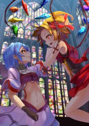  2girls alternate_costume arm_ribbon bat_wings black_gloves blonde_hair commentary_request cross flandre_scarlet gloves hair_ribbon holding_another&#039;s_arm indoors layered_skirt light_particles light_purple_hair light_rays looking_at_another midriff multiple_girls navel no_headwear oerba_yun_fang open_mouth red_eyes remilia_scarlet ribbon short_hair siblings side_ponytail sisters skirt smile stained_glass sunbeam sunlight tattoo touhou window wings yoo_(tabi_no_shiori) 