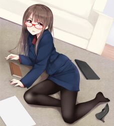  black_pantyhose blush book brown_hair commentary_request couch fallen_down female formal glasses high_heels jacket legs long_hair masamuuu office_lady open_mouth original pantyhose pencil_skirt photoshop_(medium) red-framed_eyewear shoes skirt skirt_suit solo suit 