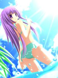  bikini bikini_skirt commentary_request dutch_angle female highres long_hair nanairo_fuusen original outdoors photoshop_(medium) pointing purple_eyes purple_hair solo swimsuit 