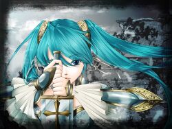  aqua_hair armor blue_eyes commentary_request female hatsune_miku highres long_hair mituki paladin solo sword twintails vocaloid weapon 