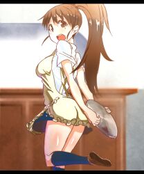  :d amano_don apron arms_behind_back bad_id bad_pixiv_id brown_eyes brown_hair female from_behind letterboxed long_hair looking_back open_mouth ponytail smile solo standing standing_on_one_leg taneshima_popura tray waitress working!! 