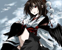  black_thighhighs brown_hair commentary_request expressionless female hat kourindou_tengu_costume looking_away red_eyes shameimaru_aya short_hair skirt solo thighhighs tokin_hat touhou unya wings 