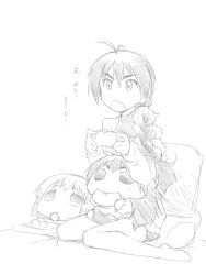  3girls ahoge akane_yuki bad_id braid chibi chibiki eating food ganaha_hibiki greyscale hagiwara_yukiho idolmaster idolmaster_(classic) monochrome multiple_girls puchimasu! single_braid yukipo 