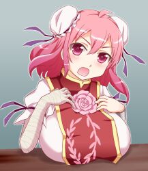  bandages breast_rest breasts commentary_request cuffs double_bun female flower hair_bun hands_on_own_chest highres ibaraki_kasen kairakuen_umenoka large_breasts looking_at_viewer open_mouth pink_eyes pink_flower pink_hair pink_rose rose shackles short_hair solo tabard touhou 