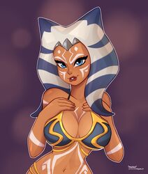  1girls ahsoka_tano alien alien_girl alternate_version_available biting_lip blue_eyes cleavage clone_wars female female_only fit_female hourglass_figure jedi large_breasts looking_at_viewer magaska19 navel orange_skin slave slave_ahsoka slave_bikini slave_leia_(cosplay) slave_outfit slavegirl solo star_wars the_clone_wars:_season_four togruta voluptuous 