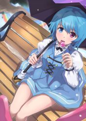  bench blue_eyes blue_hair candy commentary_request female food heterochromia karakasa_obake lollipop purple_umbrella rainbow red_eyes short_hair skirt solo sora-bozu tatara_kogasa tongue touhou umbrella 