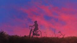  basket bicycle bicycle_basket commentary_request female from_ground highres original outdoors red_theme silhouette sky solo tnt_(aaaazzzz) twilight wide_shot 