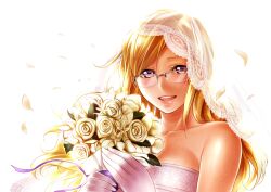  bad_id bad_pixiv_id bare_shoulders blonde_hair blush bouquet breasts bridal_veil dress female flower glasses gloves kiryuu_moeka long_hair medium_breasts nidoro petals photoshop_(medium) purple_eyes ribbon smile solo steins;gate veil wedding_dress 