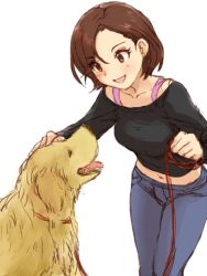  animal black_shirt breasts brown_eyes brown_hair canine collarbone commentary_request crop_top cropped_shirt dani-ikapi denim female golden_retriever headpat idolmaster idolmaster_cinderella_girls jeans leash long_sleeves medium_breasts midriff mizuki_seira navel open_mouth pants shirt simple_background smile solo white_background 