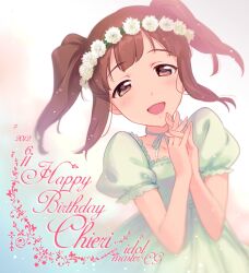  :d bad_id bad_pixiv_id birthday brown_eyes brown_hair choker dress english_text female flower happy_birthday head_wreath idolmaster idolmaster_cinderella_girls jumping_dogeza ogata_chieri open_mouth own_hands_clasped own_hands_together puffy_short_sleeves puffy_sleeves short_sleeves smile solo twintails 