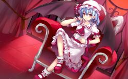  bad_id bad_pixiv_id bat_wings blue_hair bobby_socks chair crossed_legs cup female hat head_rest highres looking_at_viewer mary_janes momoko_(momopoco) oerba_yun_fang red_eyes remilia_scarlet shoes sitting smile socks solo touhou wings wrist_cuffs 