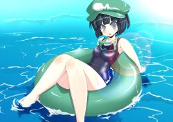  armpits bad_id bad_pixiv_id black_hair blush dark_haired_kappa diving_mask extra female goggles grey_eyes hat hatsuse_rui innertube kappa_mob_(touhou) lens_flare looking_at_viewer one-piece_swimsuit school_swimsuit shiny_clothes sitting solo swim_ring swimsuit touhou water wet wet_clothes 