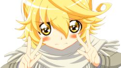  1boy blonde_hair commentary_request derivative_work double_v hatoful_kareshi kawamura_toshie_(style) let&#039;s_go!_smile_precure!_(song) male_focus nanaki_kazuaki personification photoshop_(medium) precure screenshot_redraw smile_precure solo ueyoshi_kazuya v white_background yellow_eyes 