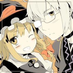  1boy ahoge blonde_hair blush blush_stickers bow choker commentary_request female glasses hairbow hat hat_bow kirisame_marisa long_hair lowres morichika_rinnosuke one_eye_closed ooide_chousuke photoshop_(medium) short_hair touhou white_hair witch_hat yellow_eyes 