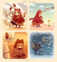  &gt;_&lt; 2girls ^^^ alternate_color animification artist_name bow brown_eyes brown_hair chibi closed_eyes cloth_fish commentary cosplay dav-19 desert english_commentary flower flower_(game) frown journey multiple_girls original parody photoshop_(medium) robe scarf sitting sparkle spoilers tail traveler_(journey) traveler_(journey)_(cosplay) watermark web_address 