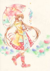  boots brown_hair commentary_request crescent dress female flower green_eyes hair_bobbles hair_ornament heart hood hood_down hydrangea iinuma_chika long_hair low_twintails original painting_(medium) pink_footwear raincoat rubber_boots solo star_(symbol) traditional_media twintails umbrella very_long_hair watercolor_(medium) yellow_raincoat 