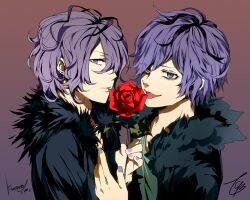  2boys bad_id bad_pixiv_id blue_eyes collaboration earrings flower garry_(ib) ib_(kouri) jewelry kurono_yuu looking_at_viewer male_focus multiple_boys nail_polish purple_hair rose signature tcb tongue tongue_out 