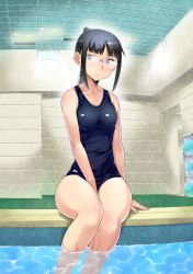  black_hair blue_eyes breasts female frown glasses icebox long_hair miyamoto_ruri nisekoi partially_submerged ponytail school_swimsuit sitting small_breasts small_waist solo swimsuit thighs water wide_hips 