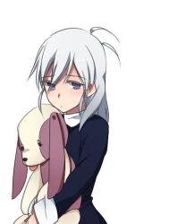  6_(yuchae) aged_down commentary_request female looking_at_viewer melty_blood purple_eyes riesbyfe_stridberg simple_background solo stuffed_animal stuffed_dog stuffed_toy tsukihime white_background white_hair 