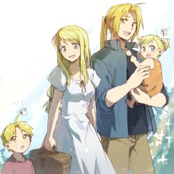  2boys 2girls ahoge blonde_hair blue_eyes bug butterfly carrying child_carry commentary_request couple dress edward_elric edward_elric&#039;s_daughter edward_elric&#039;s_son family father_and_daughter father_and_son fullmetal_alchemist lolicon long_hair mother_and_daughter mother_and_son multiple_boys multiple_girls open_mouth ponytail riru short_hair smile spoilers straight winry_rockbell yellow_eyes 