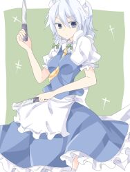  apron bad_id bad_pixiv_id blue_dress bow braid dress female hairbow izayoi_sakuya knife kuromari_(runia) looking_at_viewer maid maid_headdress necktie solo thighhighs touhou twin_braids waist_apron white_hair white_thighhighs 