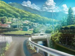  bridge canal cloud commentary day grass greenhouse guard_rail house landscape monorisu mountain no_humans original outdoors perspective power_lines real_world_location river road rural scenery shadow sky tree utility_pole village 