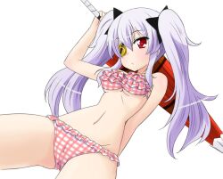  :&lt; bad_id bad_pixiv_id bikini closed_umbrella eyepatch female frilled_bikini frills grey_hair kazami_ruku long_hair navel photoshop_(medium) pink_bikini plaid red_eyes senran_kagura senran_kagura_shoujo-tachi_no_shin&#039;ei simple_background solo swimsuit twintails umbrella white_background yagyu_(senran_kagura) 