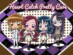  4girls :d argyle_background chibi copyright_name eyelashes hanasaki_tsubomi heartcatch_precure! highres kurumi_erika looking_at_viewer multiple_girls myoudou_gakuen_high_school_uniform myoudou_gakuen_middle_school_uniform myoudouin_itsuki official_art official_wallpaper open_mouth photoshop_(medium) polka_dot polka_dot_background precure school_uniform smile tsukikage_yuri umakoshi_yoshihiko 