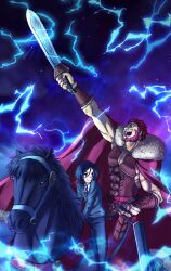  2boys akone armor black_hair blue_eyes bucephalus_(fate) cape commentary_request electricity fate/zero fate_(series) horse iskandar_(fate) male_focus multiple_boys photoshop_(medium) red_hair sword waver_velvet weapon 