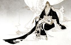  1boy asura&#039;s_wrath belt censer chinese_clothes commentary_request dragon eastern_dragon fog hanfu incense male_focus manly photoshop_(medium) scroll solo topknot yasha_(asura&#039;s_wrath) yufy 