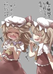  2girls alternate_costume alternate_hairstyle alternate_headwear ascot blonde_hair blush braid brown_eyes commentary_request cosplay embarrassed flandre_scarlet flandre_scarlet_(cosplay) gaoo_(frpjx283) grabbing_another&#039;s_hair hair_ribbon hat hat_ribbon highres kirisame_marisa multiple_girls oerba_yun_fang open_mouth ribbon side_ponytail skirt skirt_set touhou translated wavy_mouth ze_(phrase) 