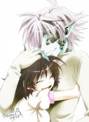  1boy amelia_wil_tesla_seyruun black_hair blue_skin closed_eyes colored_skin commentary_request couple female gloves hair_over_one_eye happy hug pointy_ears sami_(pink_princess) short_hair slayers smile straight zelgadiss_graywords 