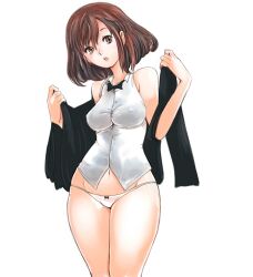  bare_shoulders bow bow_panties bowtie breasts brown_eyes brown_hair commentary_request female groin jacket kazaana medium_breasts navel original panties parted_lips photoshop_(medium) short_hair simple_background solo thighs underwear white_panties wide_hips 