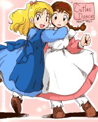  2girls 4040_(abonriya) ai_no_wakakusa_monogatari amy_march blonde_hair brown_hair commentary_request dress elizabeth_march hug lowres multiple_girls oekaki retro_artstyle siblings sisters world_masterpiece_theater 