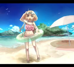  :d ahoge beach beach_umbrella bikini bird blonde_hair blush cloud commentary_request day female frilled_bikini frills futaba_anzu goggles goggles_on_head grey_eyes idolmaster idolmaster_cinderella_girls innertube letterboxed long_hair navel nemeko open_mouth outdoors sky smile solo swim_ring swimsuit twintails umbrella very_long_hair water 