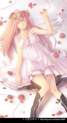  boots commentary_request daphine78805 dress female flower head_wreath just_be_friends_(vocaloid) long_hair lying megurine_luka on_back petals pink_hair rose rose_petals sleeping solo string string_of_fate vocaloid 