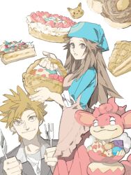  1boy alternate_costume apron basket blue_oak brown_eyes brown_hair cake carrying cookie female food fork fruit headband holding knife leaf_(pokemon) long_hair pie pikachu pokemon pokemon_(creature) pokemon_frlg pokemon_hgss rotasu simisear smile tegaki 