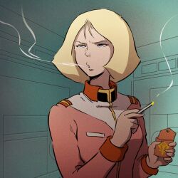  blonde_hair blowing_smoke blue_eyes cigarette cigarette_pack commentary_request female gundam logo military military_uniform mobile_suit_gundam neo_zeon nippori_honsha out_of_character retro_artstyle sayla_mass science_fiction short_hair smoking solo uniform zeon 