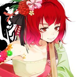  commentary_request female flower hadanugi_dousa hair_flower hair_ornament idolmaster idolmaster_cinderella_girls japanese_clothes kimono murakami_tomoe nira_(vira) open_clothes open_kimono red_eyes red_hair tattoo 