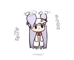  :&lt; bad_id bad_pixiv_id barefoot black_eyes blunt_bangs blush bow bowtie chibi crescent dress female flying full_body helicopter_hair long_hair long_sleeves mukyuu patchouli_knowledge propeller purple_hair red_bow red_bowtie saku_(osake_love) shadow simple_background sleeves_past_wrists solid_oval_eyes solo touhou very_long_hair white_background 