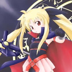  bardiche_(assault_form)_(nanoha) bardiche_(nanoha) blonde_hair cape commentary_request fate_testarossa fate_testarossa_(lightning_form) female flat_chest jason_(kaiten_kussaku_kikou) long_hair looking_at_viewer lyrical_nanoha magic_circle mahou_shoujo_lyrical_nanoha photoshop_(medium) red_eyes solo 