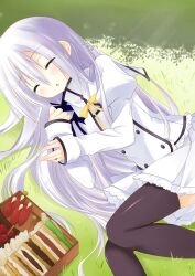  :o absurdres areishia_spirit_academy_uniform bento blush bow closed_eyes commentary_request female food grass guhua67 highres long_hair lying on_side photoshop_(medium) sandwich school_uniform seirei_tsukai_no_blade_dance skirt sleeping solo terminus_est thighhighs very_long_hair white_hair 