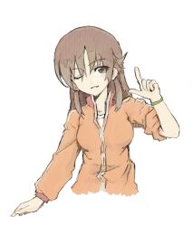  brown_eyes brown_hair commentary_request female index_finger_raised kyouno_madoka one_eye_closed rinne_no_lagrange sleeves_rolled_up solo white_background yurou_(yamasna) 