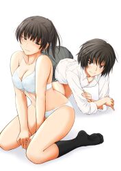  2girls amagami black_eyes black_hair black_socks blush bob_cut bra breasts closed_mouth commentary_request full_body kneehighs large_breasts long_hair looking_at_viewer medium_breasts multiple_girls nanasaki_ai panties photoshop_(medium) ponytail sasaki_akira_(ugc) shirt short_hair sitting skirt socks tsukahara_hibiki underwear underwear_only white_bra white_panties white_shirt 