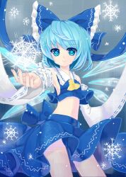  ascot bad_id bad_pixiv_id blue_bow blue_eyes blue_hair bow breasts cirno cosplay detached_sleeves female hairbow hakurei_reimu hakurei_reimu_(cosplay) highres ice midriff navel no_bra short_hair sideboob skirt small_breasts smile snowflakes solo touhou umeko_(koori_ume) wide_sleeves 