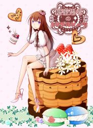  aglio alternate_costume bare_legs brown_hair commentary_request cookie dress female flower food foot_dangle frilled_dress frills fruit full_body hat heart high_heels in_food long_hair looking_at_viewer macaron makise_kurisu mini_person minigirl no_socks pink_background pink_footwear puffy_short_sleeves puffy_sleeves purple_eyes shoe_dangle shoes short_sleeves sitting smile solo steins;gate strawberry sweets wafer_stick 